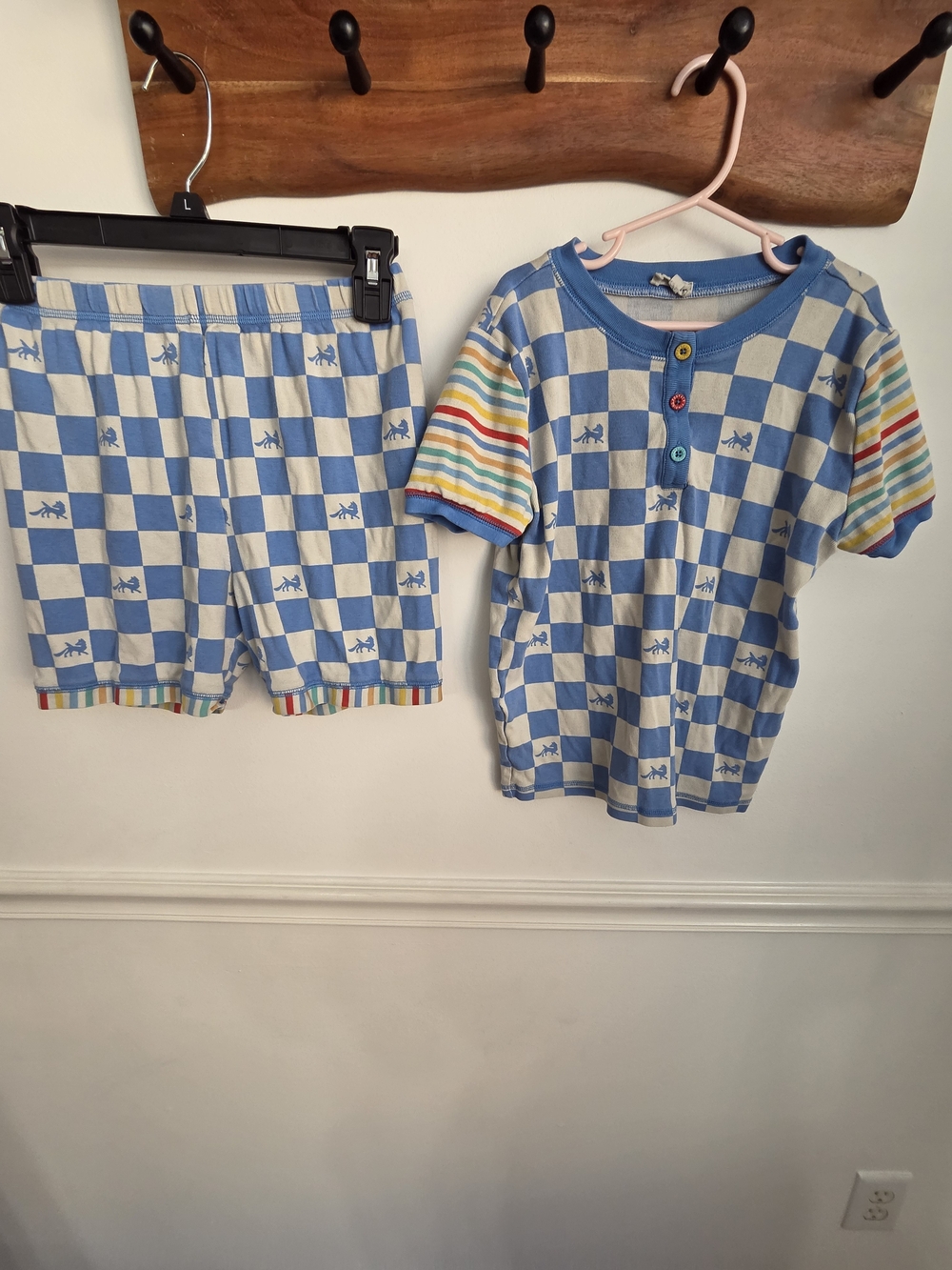 Blue Checkmate Short-Sleeve Kids Pajama Set with Rainbow Sleeve Accents Sz. 12